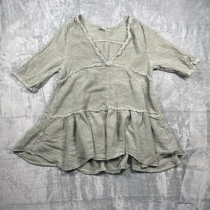 Italian Made Womens Tunic Top Dress Tiered Frayed Hem V Neck Neutral Boho Medium